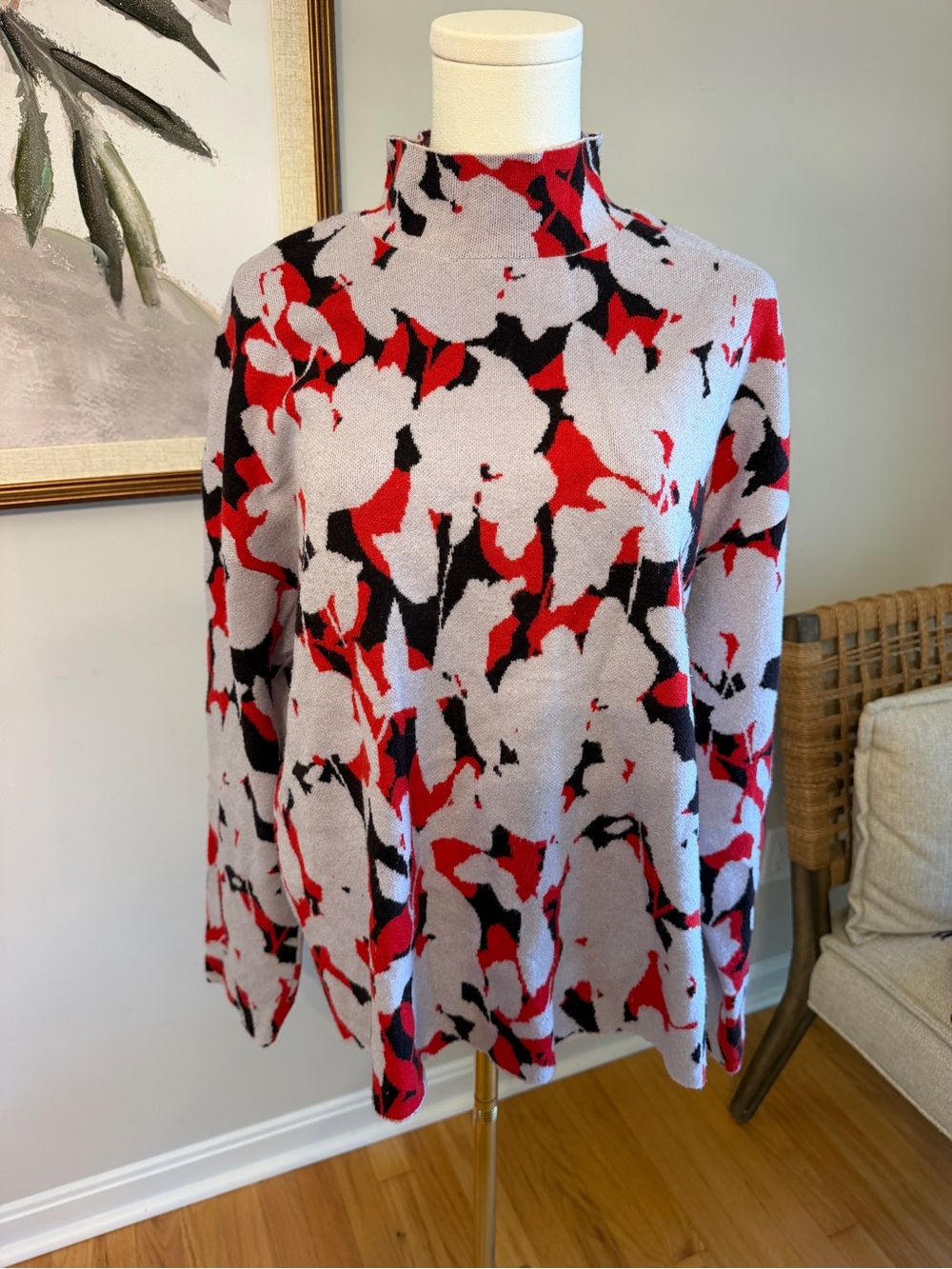 Anthropologie Red, Black & Light Gray Abstract Mock Neck Sweater